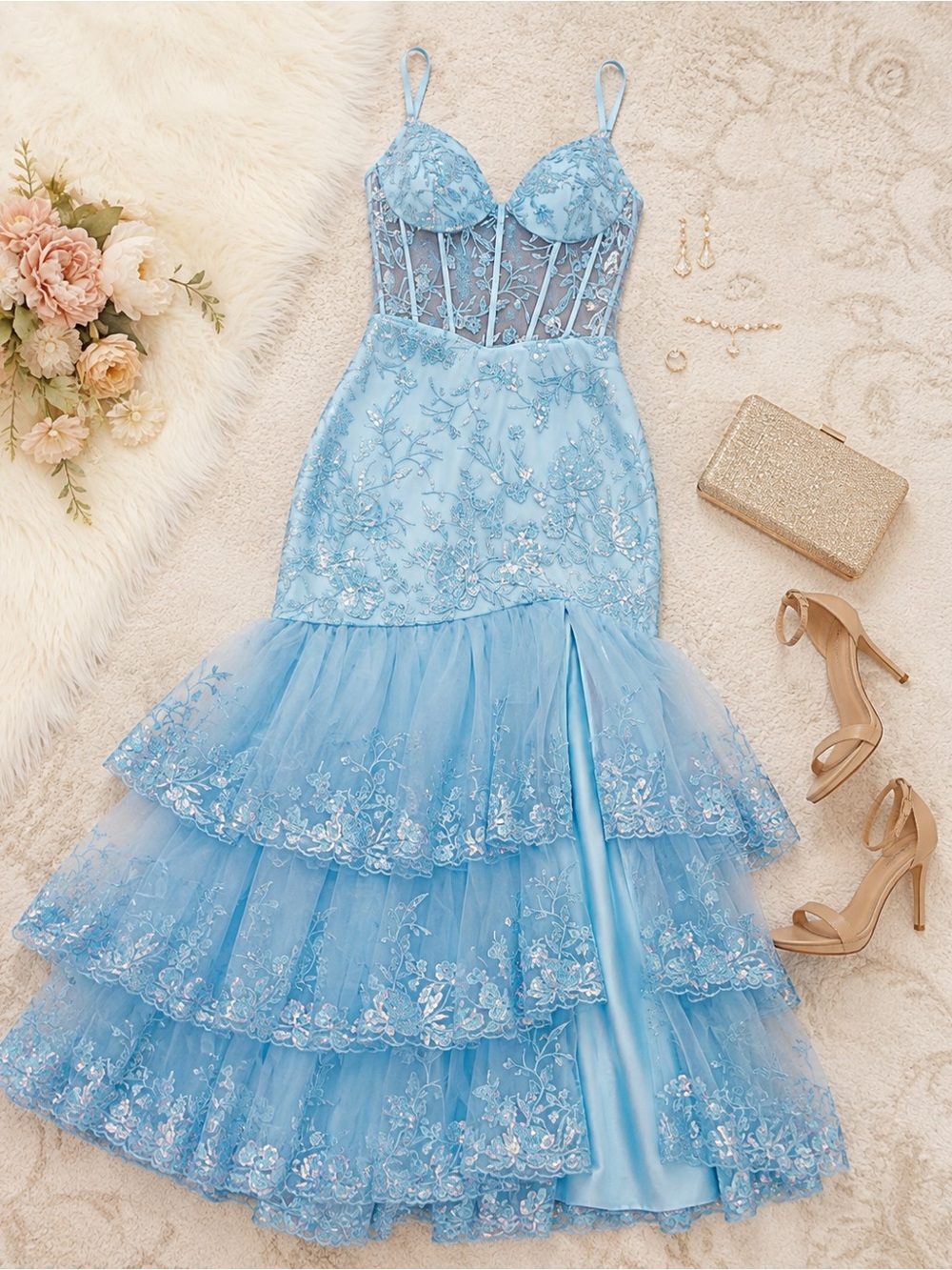 Say Yes Baby Blue Floral Sequin Corset Gown Size 5/6 NWT Prom Formal Maxi